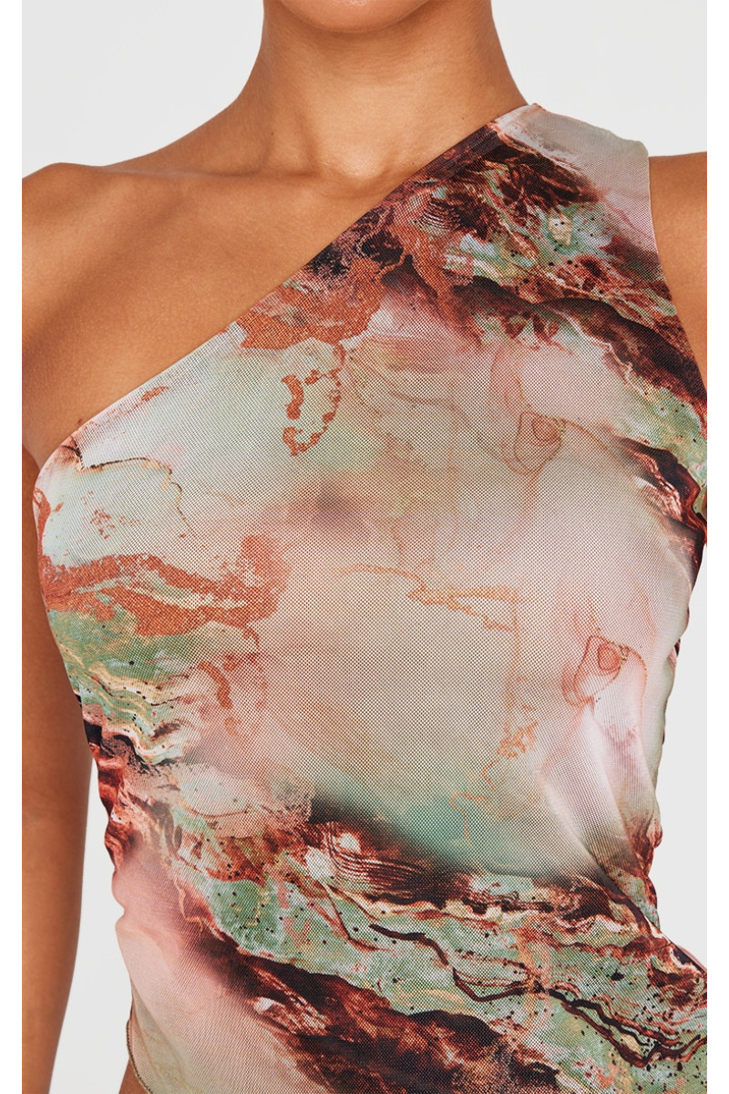 Маленький зелений асиметричний топ з принтом на одне плече