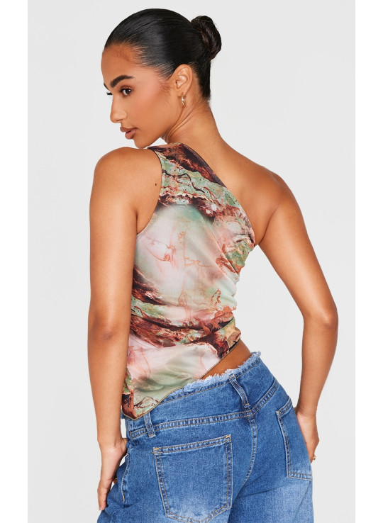 Маленький зелений асиметричний топ з принтом на одне плече