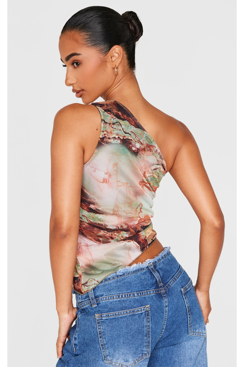 Маленький зелений асиметричний топ з принтом на одне плече