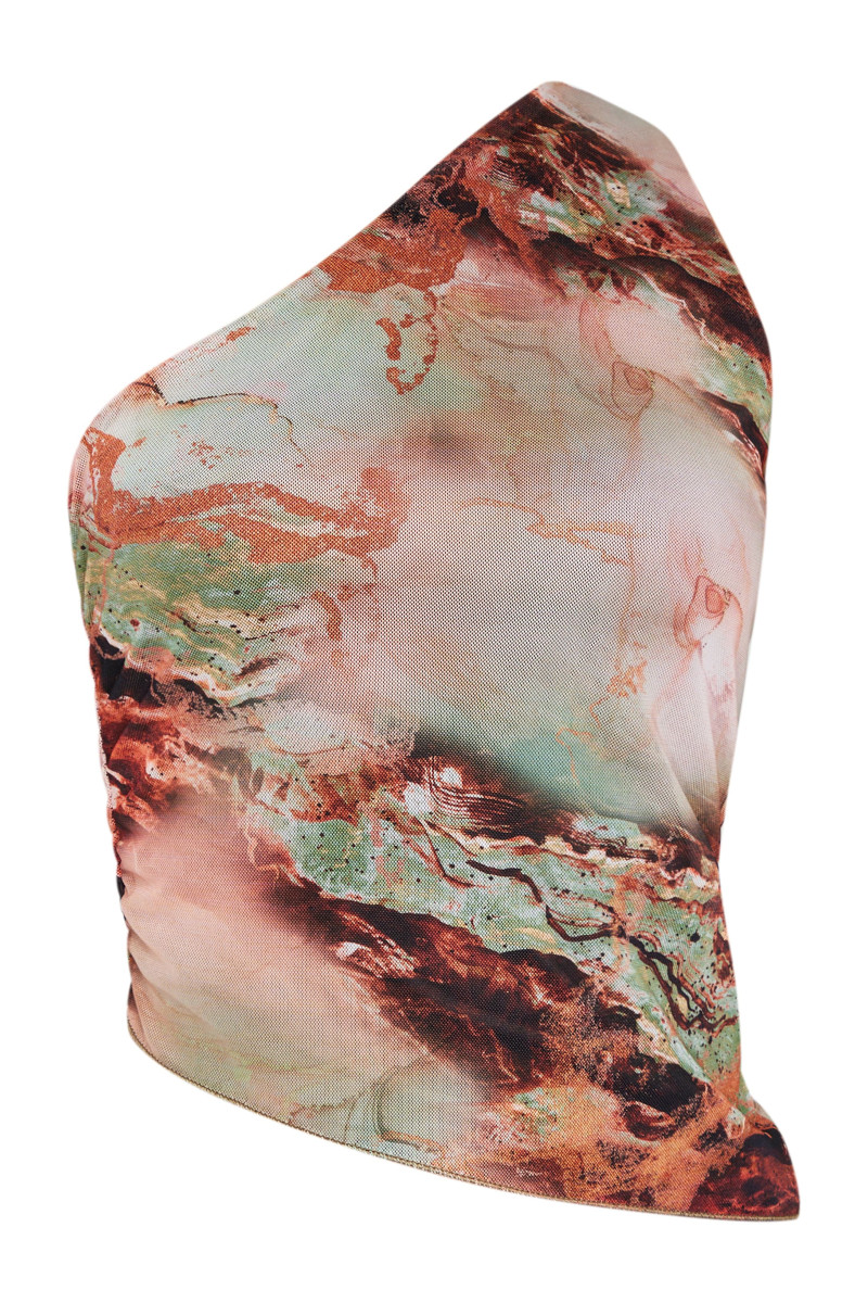 Маленький зелений асиметричний топ з принтом на одне плече