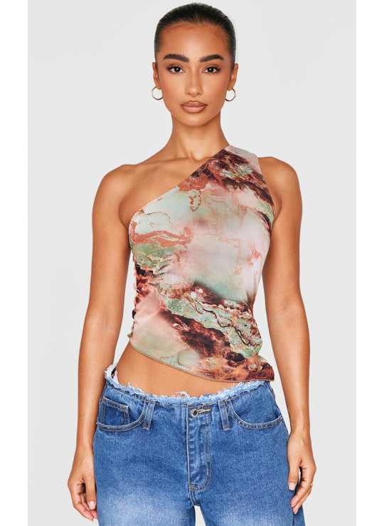 Маленький зелений асиметричний топ з принтом на одне плече