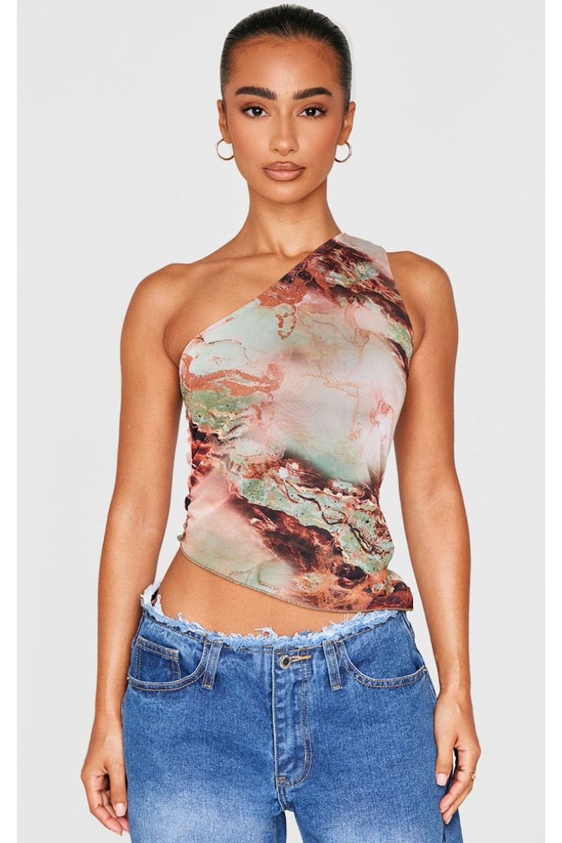 Маленький зелений асиметричний топ з принтом на одне плече