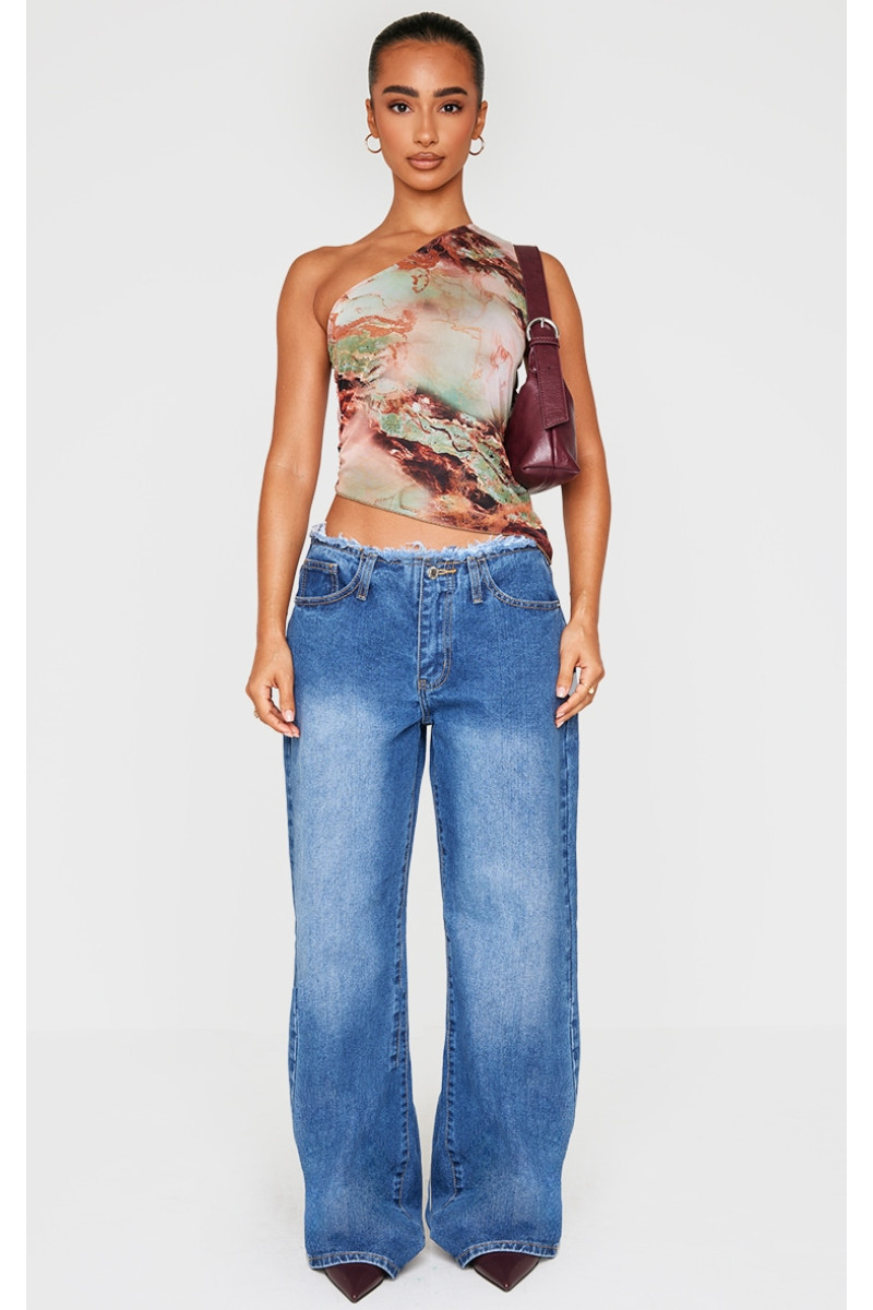 Маленький зелений асиметричний топ з принтом на одне плече