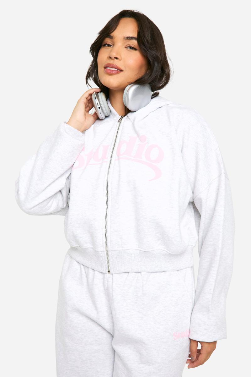 Толстовка Plus Studio Slogan Boxy Crop Zip Through Hoodi