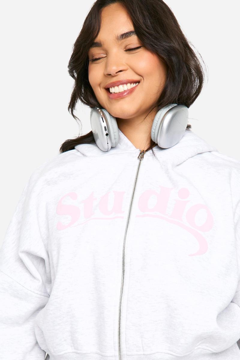 Толстовка Plus Studio Slogan Boxy Crop Zip Through Hoodi